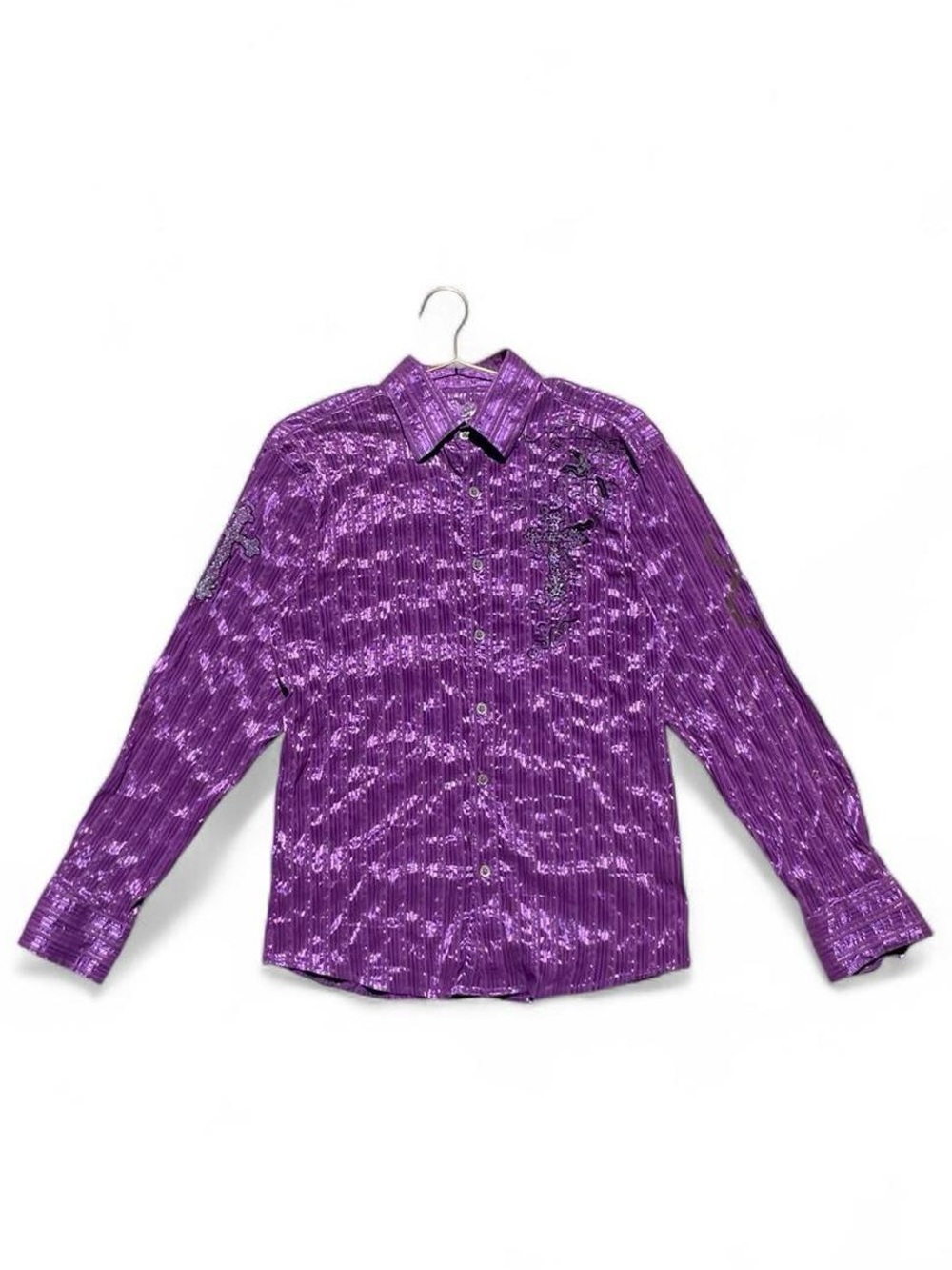 Y2K El General Purple Metallic Rhinestone Cross Western Shirt M